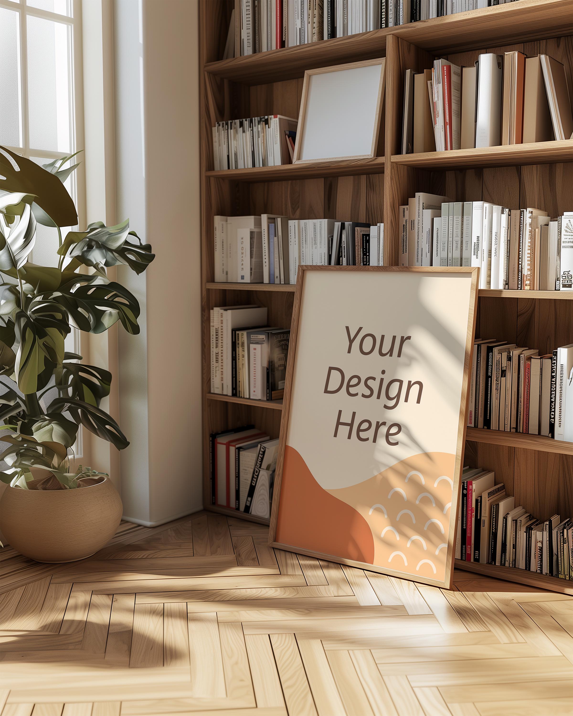 Bookcase Poster Mockup, Cozy Wall Art Mockup, Wooden Frame Mockup ...