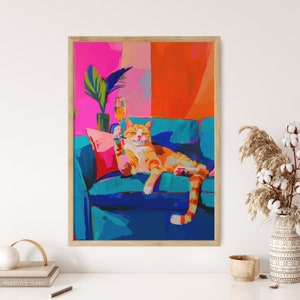 Buntes Katzenbild, Katzenposter in Orange, Maximalist-Wanddekoration, Dopamin-Poster, Barwagen-Dekor, rosa Kitsch, ästhetische Kunst, Champagner-Kunst
