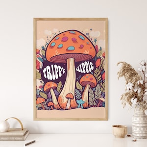 Trippy Hippie Wall Art Print, 70s Retro Wall Hanging, Groovy Wall Decor, Vintage Art Poster, Mushroom Wall Art Print, Psychedelic Art