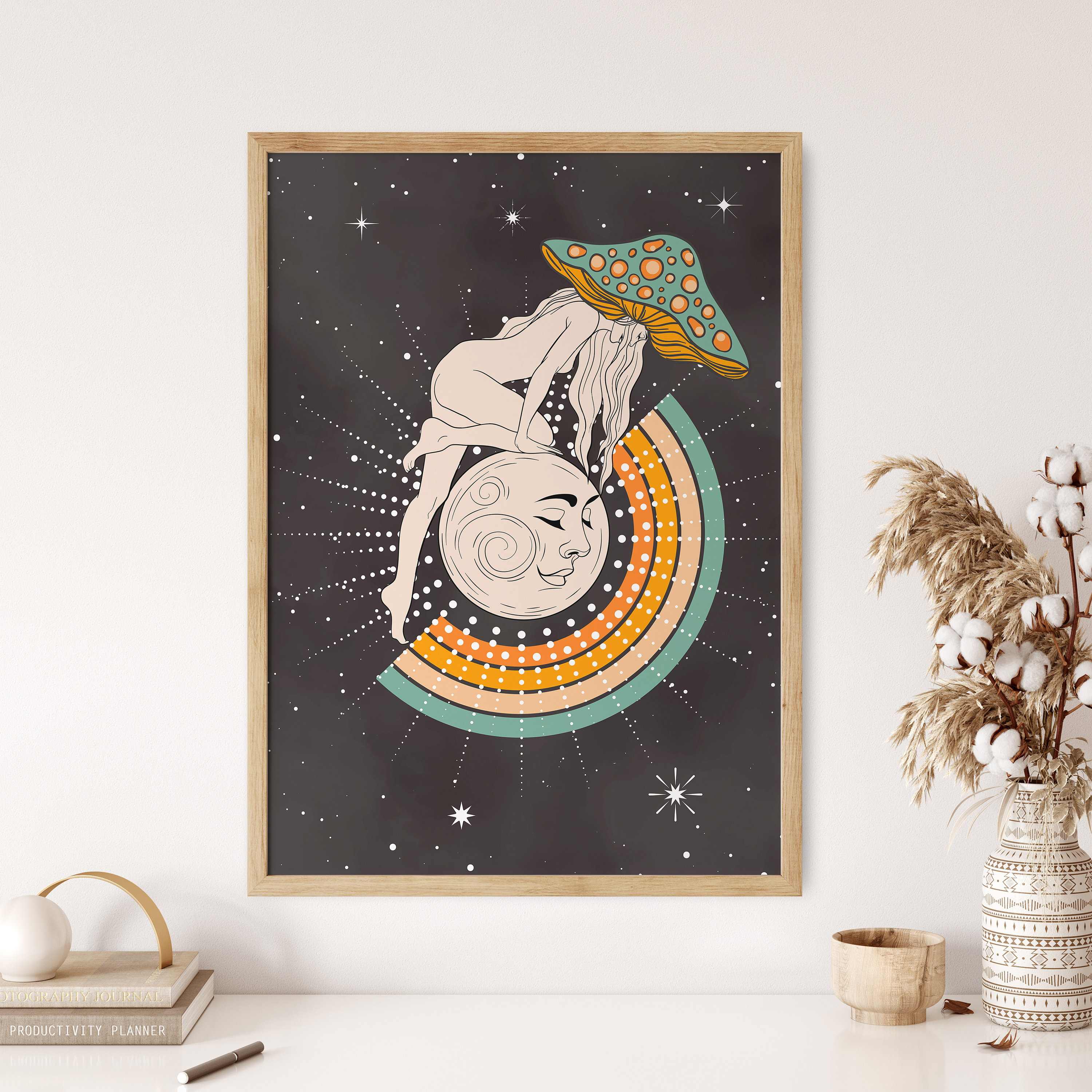 70s Retro Art, Mushroom Woman Art Print, Hippie Girl Art Poster, Psychedelic Art Print, Flower Child Art, Sun Art Poster, Retro Rainbow Art