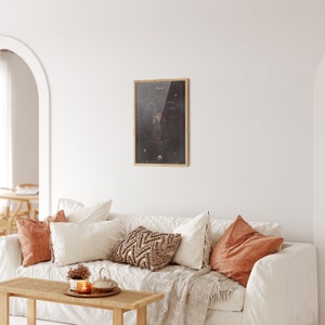 May include: A white couch with a brown throw blanket and several pillows. A framed print with a black background and gold accents hangs on the wall above the couch. The print features a geometric design with the text "The Fool" at the top.
