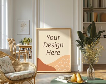 Mockup de moldura de pôster de madeira, mockup de moldura vertical, mockup PSD de proporção 4 x 5 pol., mockup de sala de estar neutra, mockup de pôster boho, mockup de interior