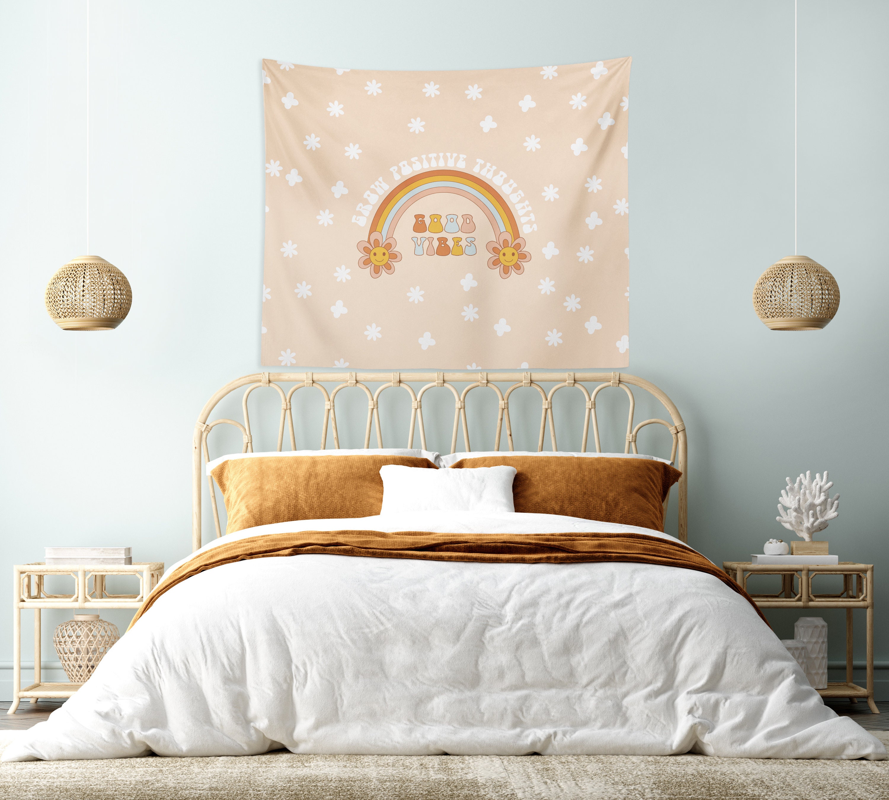 Ine Ive Arazzo Parete Groovy 152x102 Cm - Funghi Margherite Arcobaleno, Stile Hippie Bohémien Anni 60-70