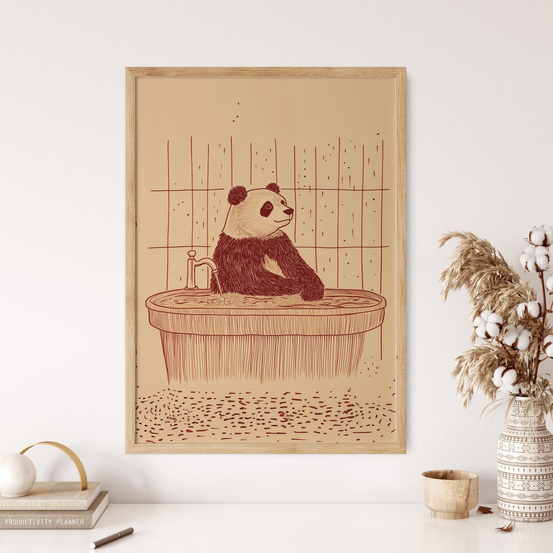 Line Art Panda Poster, Panda in Bathtub Art, Bathroom Wall Decor ...