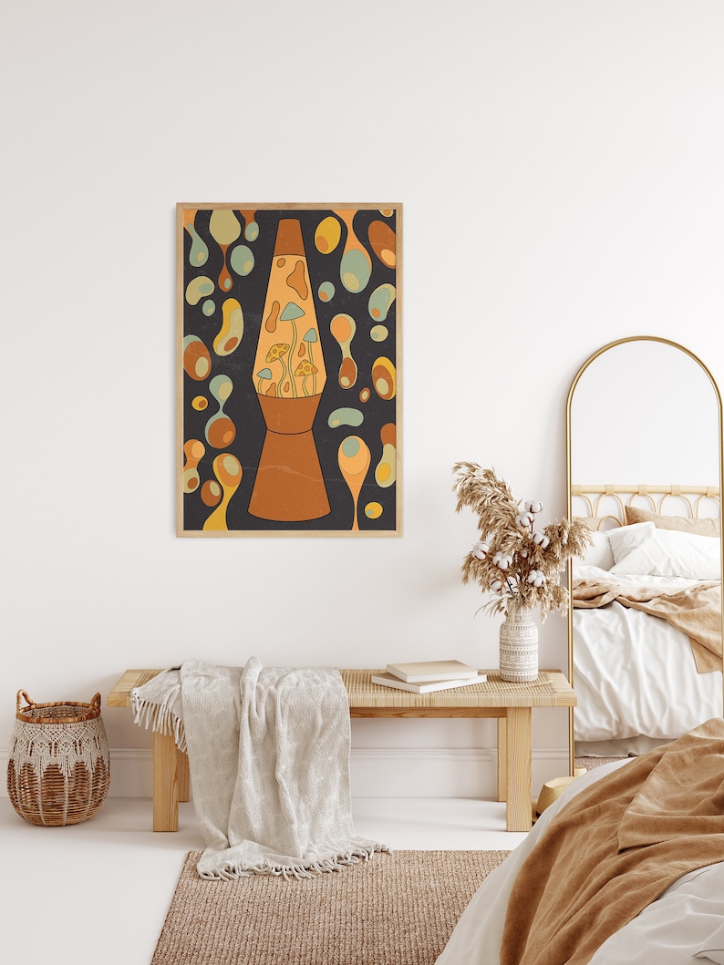 K&ouml;nnte beinhalten: Eine Illustration im Retro-Stil einer Lavalampe mit dunkelblauem Hintergrund und orangefarbenen, gelben und gr&uuml;nen abstrakten Formen. Die Lavalampe ist mit orangefarbener Fl&uuml;ssigkeit gef&uuml;llt und hat einen braunen Sockel.