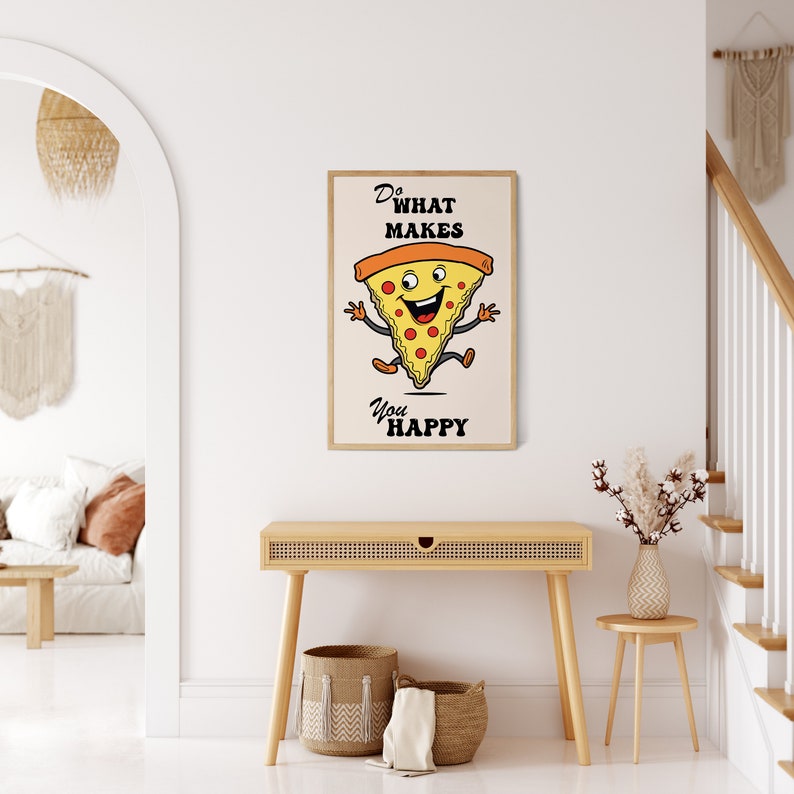 Positive Quote Wall Print, Do What Makes You Happy Art Poster, Kitchen Wall Art, Trendy 70s Retro Pizza Poster, Hippie Groovy Art Decor image 4
