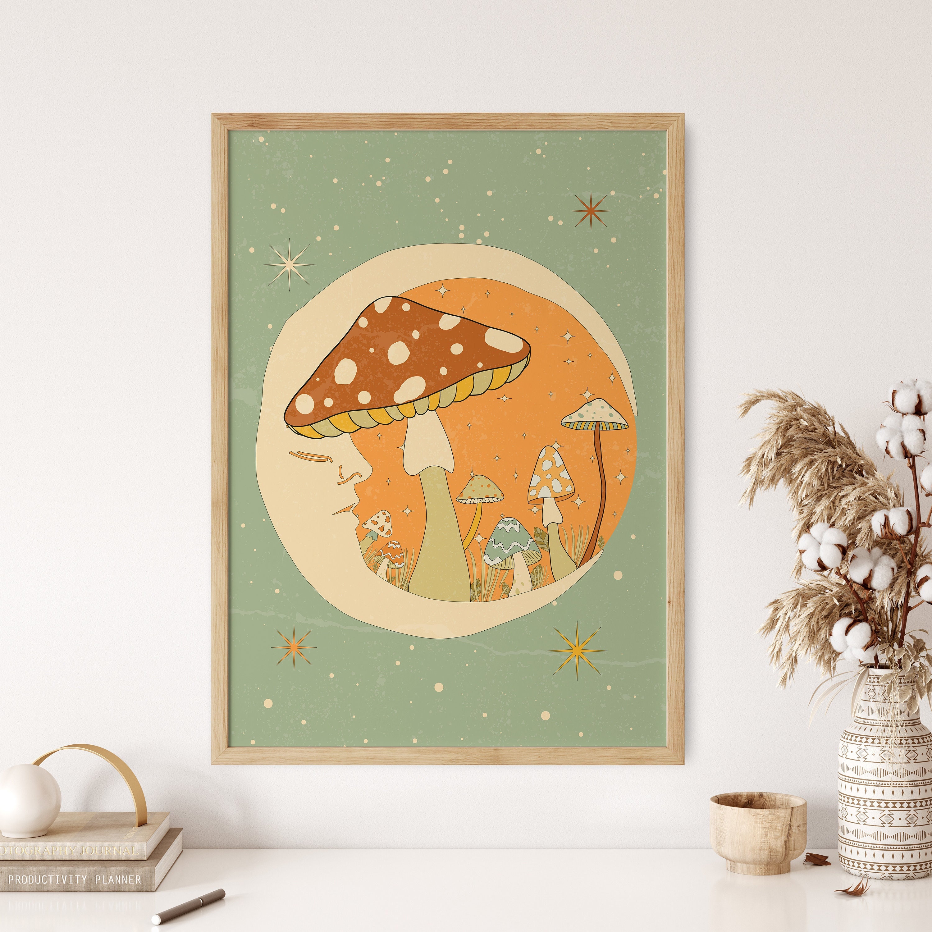 Mushroom Wall Art, 70s Retro Art, Moon Wall Art, Groovy Print, 60s