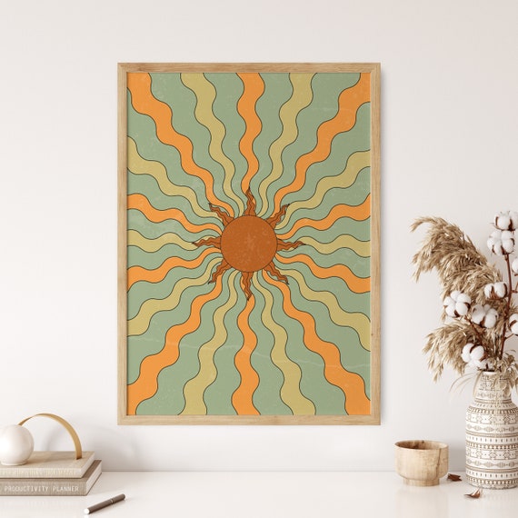 70s Wall Art Print, Sun and Moon Retro Art, Flower Child