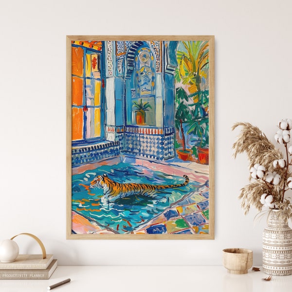 Tiger in a Bathroom Art Poster, Bath Art Print, Dopamine Wall Hanging, Maximalist Poster, Pink Kitsch Aesthetic Art, Preppy Trendy Poster