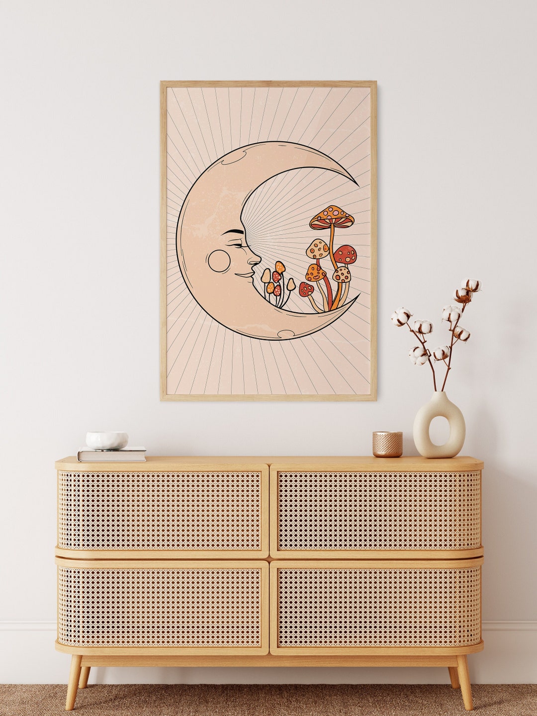 Retro Moon Wall Art Poster, Psychedelic Art Print, Mushroom Art, Hippie