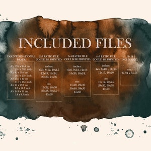 May include: A chart with a brown and green watercolour background shows the different sizes of paper that can be printed in various aspect ratios. The chart includes the ISO international paper sizes, the 2:3, 3:4, and 4:5 aspect ratios, and the 11x14 inch size. The chart lists the sizes in both inches and centimetres.