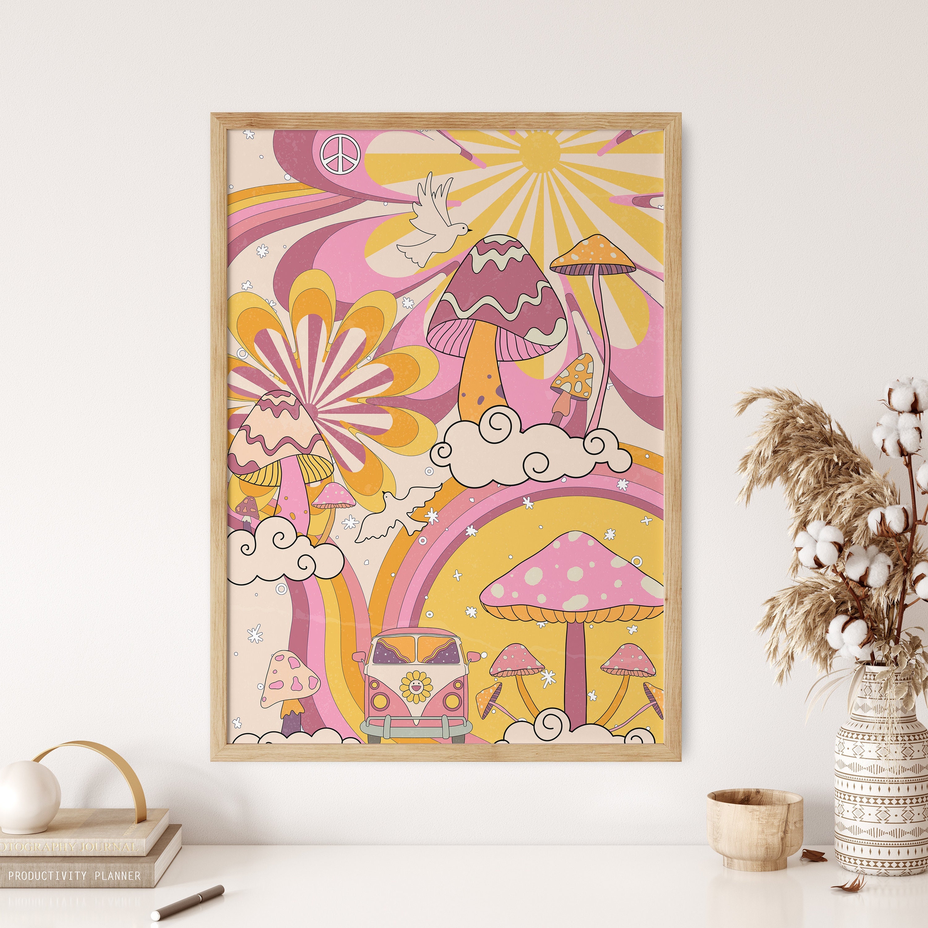 木版画 作品 オリジナル モダンアート 60s 70s ヴィンテージ LP Groovy Wall Print, 70s Mushroom Wall Decor, Retro Psychedelic Art