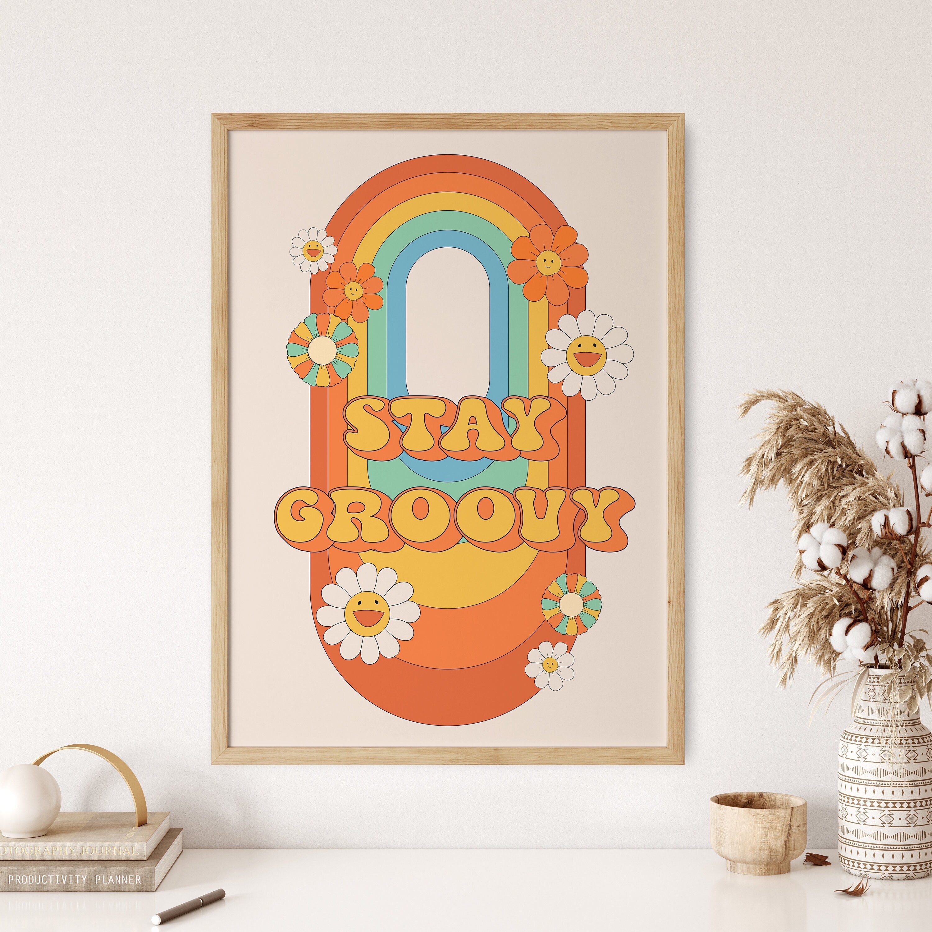 Premium Vector  Retro 70's psychedelic hippie flowers illustration print  with groovy slogan for t-shirt or sticker