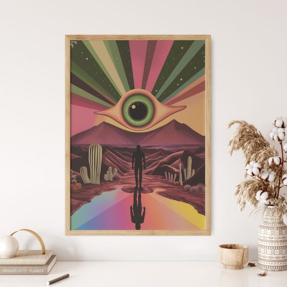 Retro Psychedelic Wall Decor, Cosmic Surrealist Art, Mystical Eye Poster, Vibrant Color Print, Cactus Desert Art Print, Meditation Poster