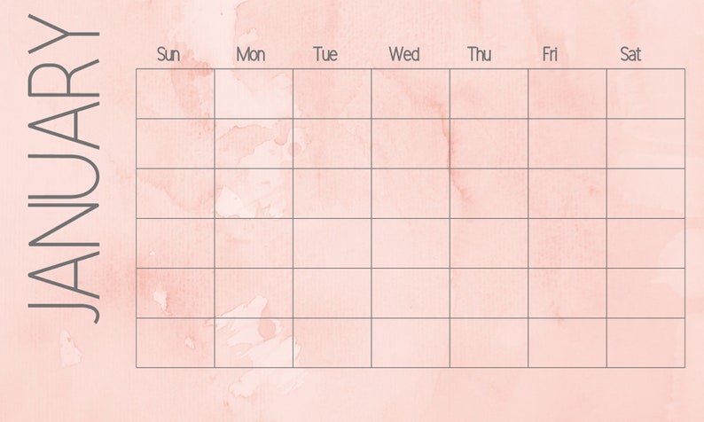 Monthly Blank Elegant Calendar, Watercolor Printable Calendar, Instant ...