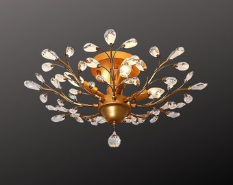 Vintage Gold Crystal Chandelier | Mid Century Ceiling Lamp