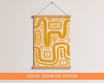Mustard Paths Abstract Wall Art DIGITAL DOWNLOAD | Yellow Abstract Digital Art, Japandi Style Hand Drawn Abstract Poster In Mustard Yellow