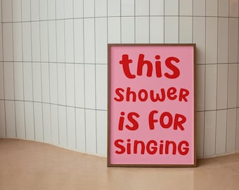 Pink and Red Shower Karaoke Print | Preppy Bathroom Prints, Girly Bathroom Aesthetic, Trendy Restroom Print, Bright Colourful Bathroom Art