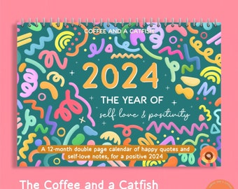 Positivity Calendar 2024 | Stationery lover gift, cute calendar with quotes, double page positive mental health wall calendar, 2024 calendar