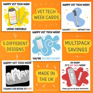 Puede incluir: Un conjunto de 6 tarjetas coloridas con ilustraciones y texto. Las tarjetas presentan una variedad de juegos de palabras y refranes sobre el tema veterinario. El texto en las tarjetas incluye "Happy Vet Tech Week!" y "Urine-Credible!" Las tarjetas están diseñadas para técnicos veterinarios y son una forma divertida de celebrar la Semana del Técnico Veterinario.