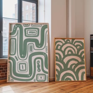 Set of Two Sage Green Abstract Prints | Green Pair of Line Art Prints, Pair of Green Living Room Prints, Sage Green Minimalism Prints Set