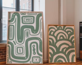 Set of Two Sage Green Abstract Prints | Green Pair of Line Art Prints, Pair of Green Living Room Prints, Sage Green Minimalism Prints Set