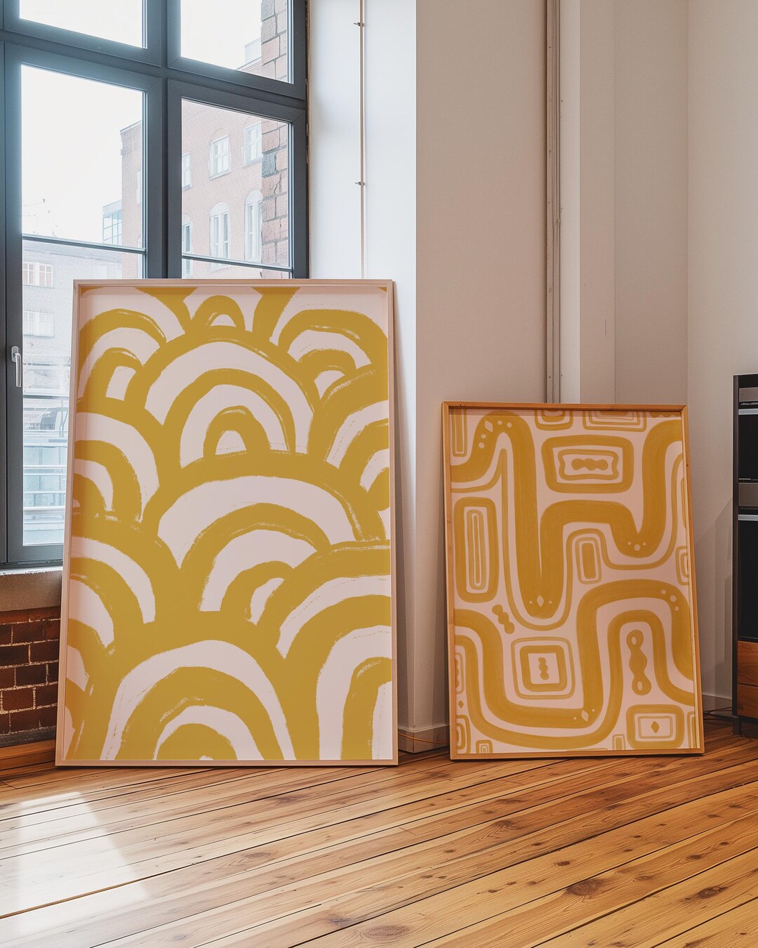 Set of Two Yellow Abstract Prints | Mustard Yellow Line Art Prints Pair ...