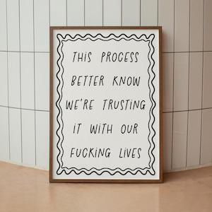 May include: A framed print with a white background and black text that reads "THIS PROCESS BETTER KNOW WE'RE TRUSTING IT WITH OUR FUCKING LIVES." The frame is brown, and the text is surrounded by a black wavy border.