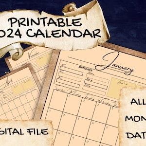 2024 Kalender Monate [Druckbare Digitale Sofort Download] 8,5 x 11 (Letter) ~ D & D, Rollenspiel, Mittelalter, Fantasy, rustikal, historisch, Pergament Thema