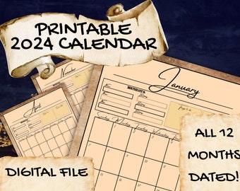 2024 Calendar Months [Printable Digital Instant Download] 8.5 x 11 (Letter) ~ D&D, RPG, Medieval, Fantasy, Rustic, Historic, Parchment Theme