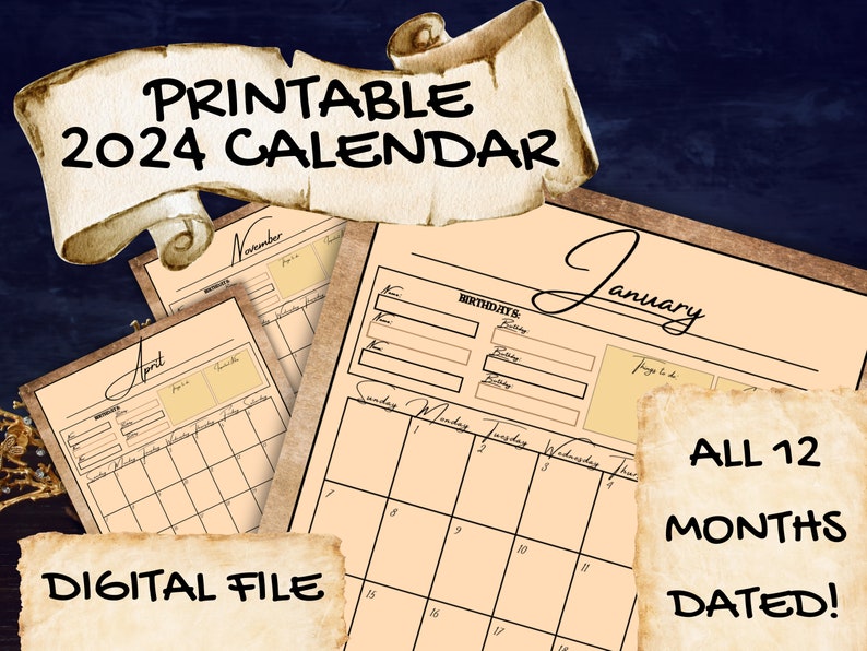 2024 Calendar Months printable Digital Instant Download 8.5 X 11 letter