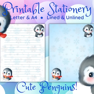 Páginas imprimíveis de pinguins fofos linha/sem forro, A4/Carta, azul e branco, fundo de floco de neve para diário, caderno, estudo, conjunto de escrita de cartas