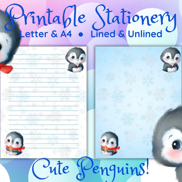 Cute Penguins Printable Pages Line/Unlined, A4/Letter, Blue and White, Snowflake Background for Journal, Notebook, Study, Letter Writing Set