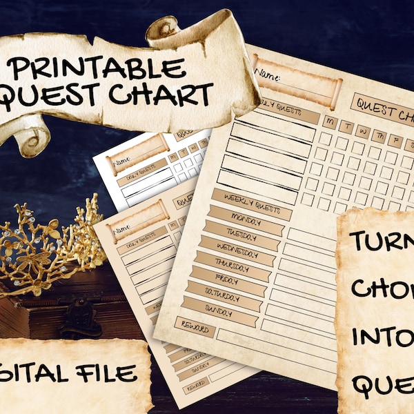 Quest Chore Chart Printable: Great for Fans of RPG, Fantasy, Gaming, Medieval Times - Track Daily and Weekly Chores, Reward for Victory!