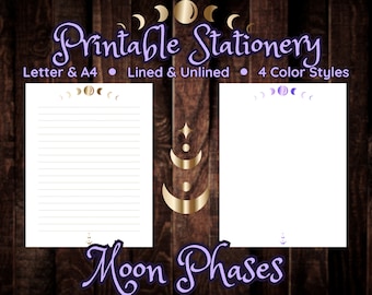 Moon Phases Stationery A4 & Letter - Gold - Purple - Green - Silver - Instant Digital Download