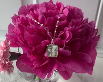 Silver Floral Square Jewelry Set: Dandelion Necklace & Earrings