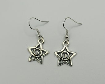 Silver Swirl Spiral Drop Dangle Earrings Star Earrings Swirl Star Earrings y2K Earrings indie gothic whimsigoth Star Jewelry