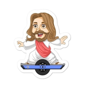 May include: A cartoon illustration of Jesus riding a one-wheeled electric skateboard. He is wearing a white robe and a red sash. The skateboard is blue and has a black wheel.