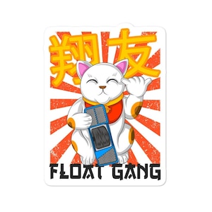 May include: A white cartoon cat with a red and gold outfit holding a blue and gray microphone. The cat is in front of a red and yellow sunburst background. The text "FLOAT GANG" is below the cat and the text "招财" is above the cat.