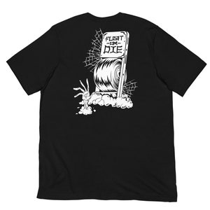 May include: Black t-shirt featuring a white graphic of a tombstone with the text "Float or Die" and a spider on a web.