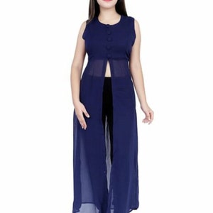 Styleshレディースクルティ、ネイビーブルーガールズロングクルティ、ジョーゼットノースリーブクルティ、デザイナーフロントカットクルティ、クリスマスギフトアイデア、送料無料