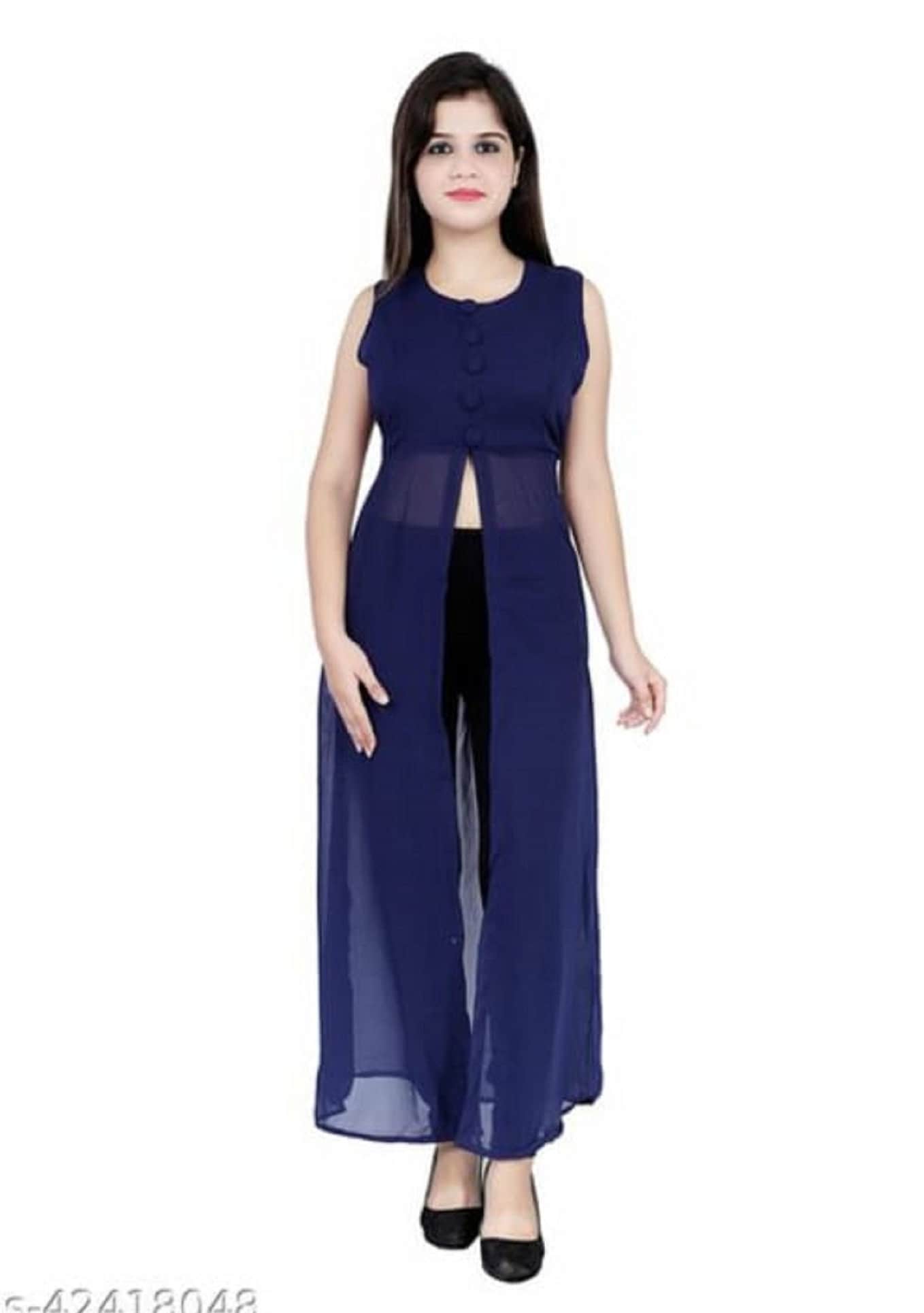 Stylesh Women's Kurti, Nevy Blue Girls Long Kruti, Georgette Sleeveless Kurti, Designer Front Cut Kurti, Christmas Gift Idea, Free Shipping