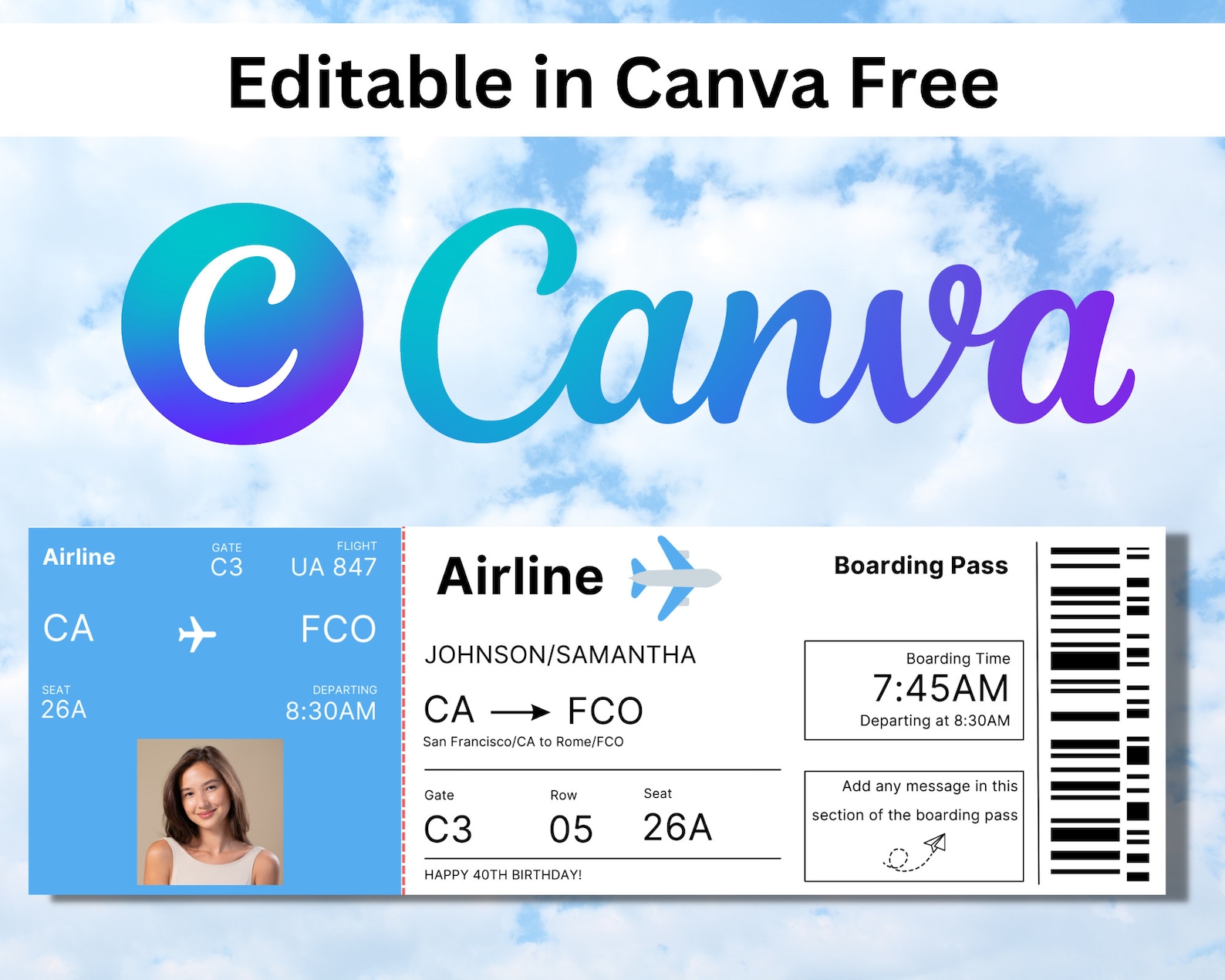 Editable Boarding Pass Ticket Template. Printable Airline Ticket, Canva