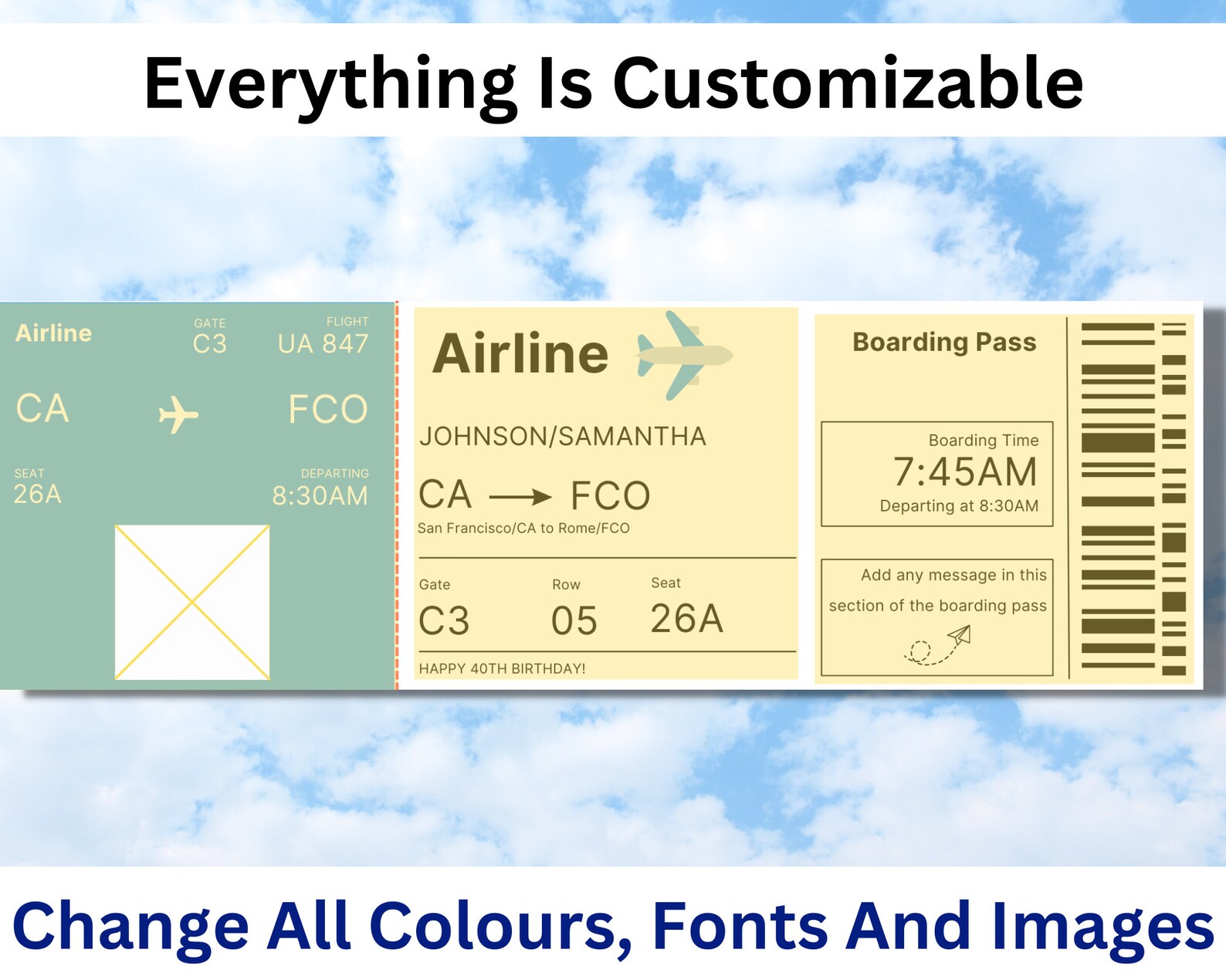 Editable Boarding Pass Ticket Template. Printable Airline Ticket, Canva ...