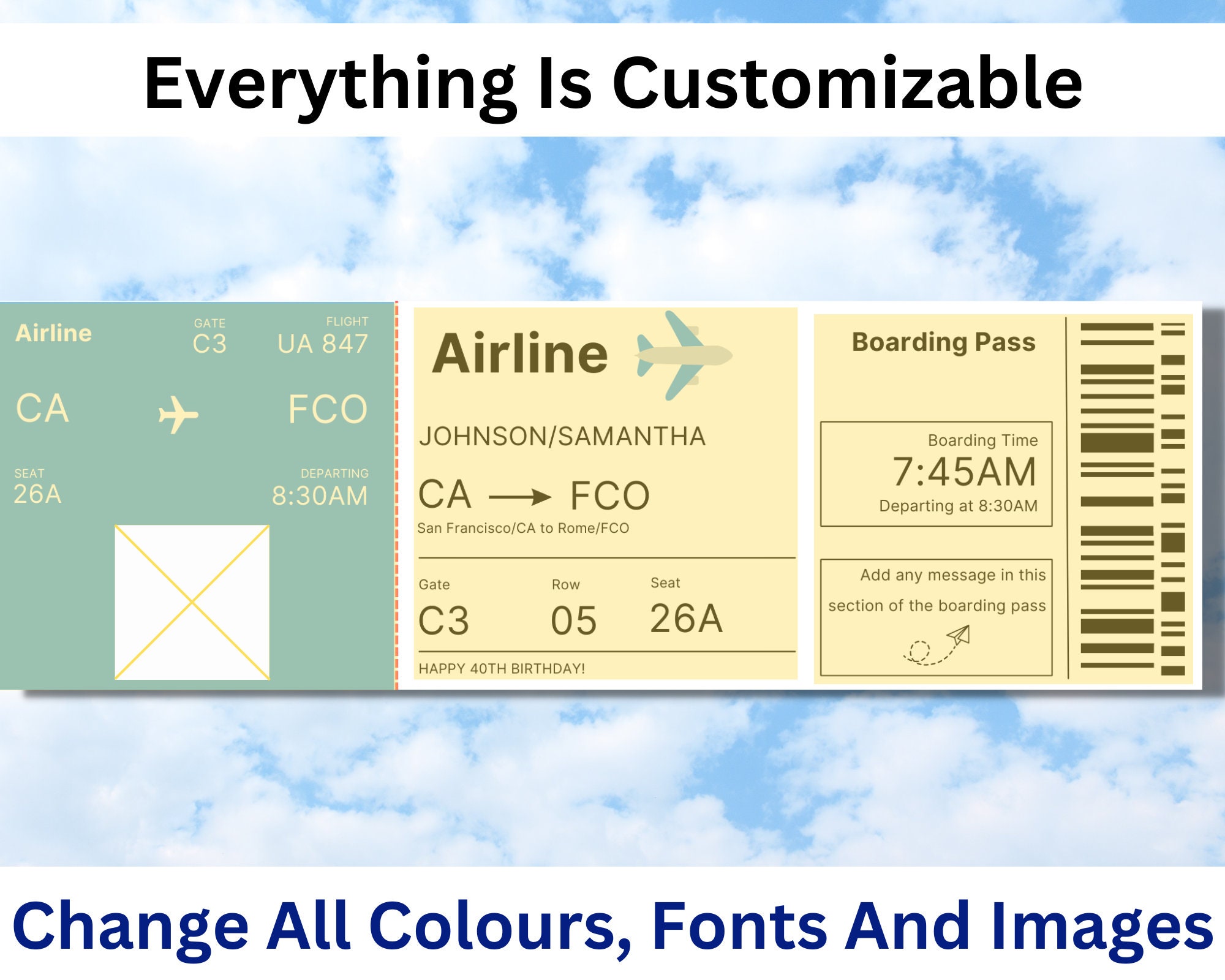 Editable Boarding Pass Ticket Template. Printable Airline Ticket, Canva
