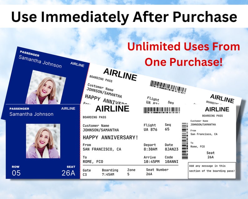 Editable Boarding Pass Ticket Template. Printable Airline Ticket, Canva