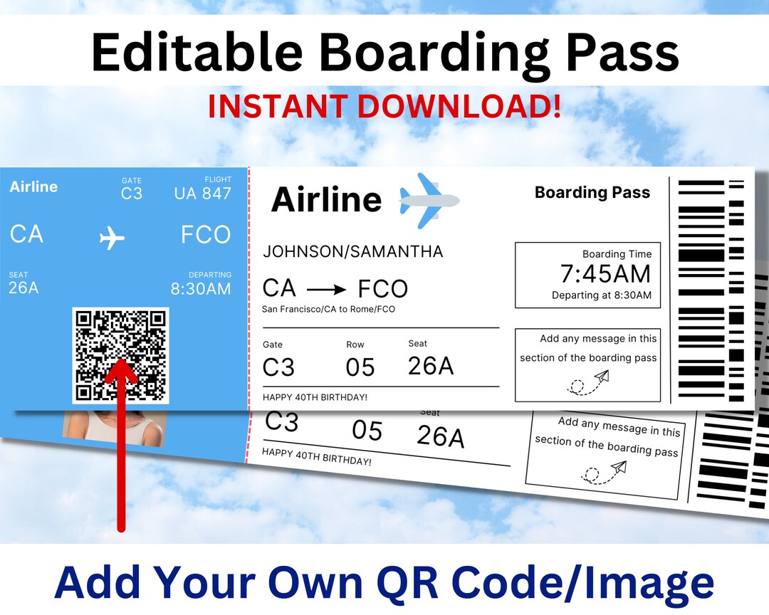 Editable Boarding Pass Ticket Template. Printable Airline Ticket, Canva
