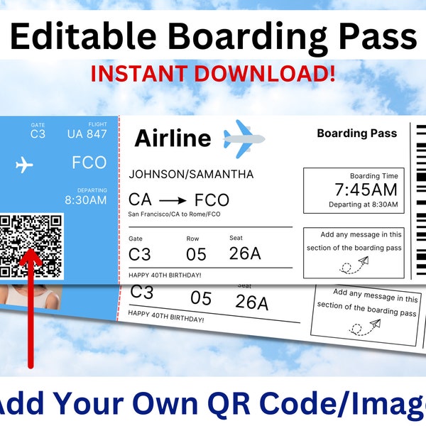 Editable Boarding Pass Ticket Template. Printable Airline Ticket, Canva Customization, Suprise Gift