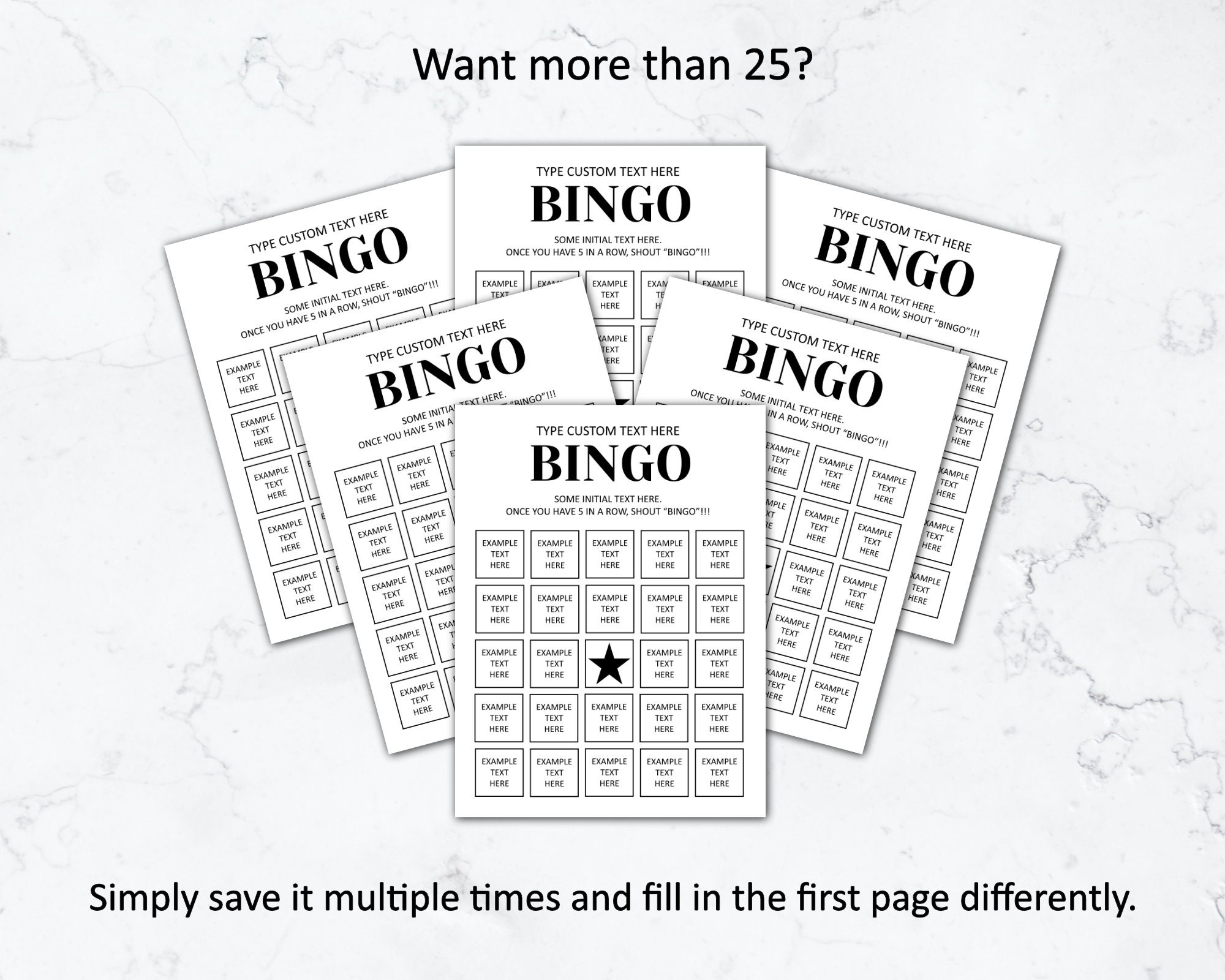 Custom Bingo Cards, 25 Unique Cards, Call Card, Add Your Own Text, Auto