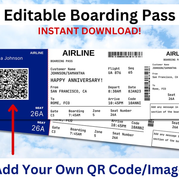 Editable Boarding Pass Ticket Template. Printable Airline Ticket, Canva Customization, Suprise Gift